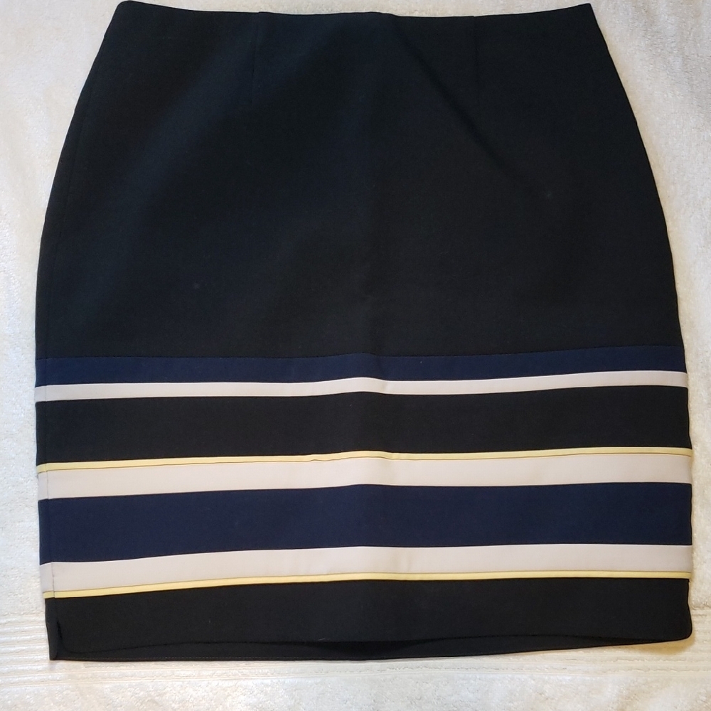 White House Black Market Black Pencil Skirt with Navy, White & Yellow Stripes